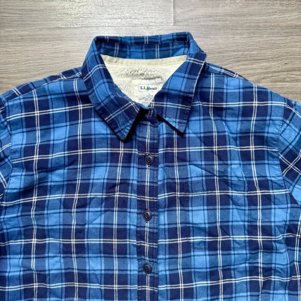 L.L. Bean Women's Sherpa-Lined Flannel Shirt, Snap-Front Plaid - Blue - Picture 2 of 6